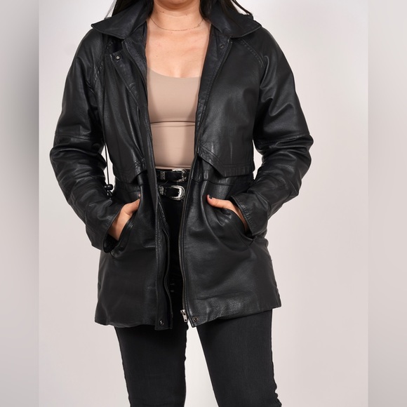 hooded black leather trench coat, leather jacket, sizes medium. - Picture 1 of 16